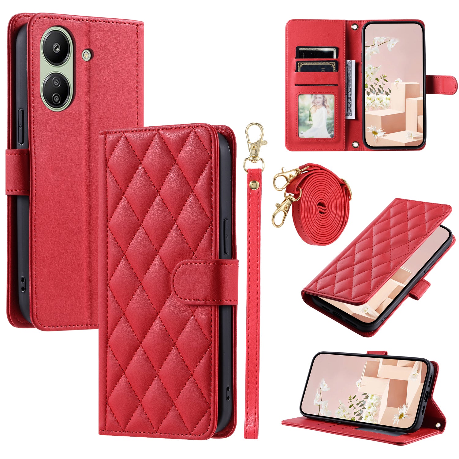 For Xiaomi Redmi 13C 4G / Poco C65 4G Case Wallet Rhombus Grid Pattern Phone Cover with Hand Strap For Xiaomi Redmi 13C 4G / Poco C65 4G Case Wallet Rhombus Grid Pattern Phone Cover with Hand Strap